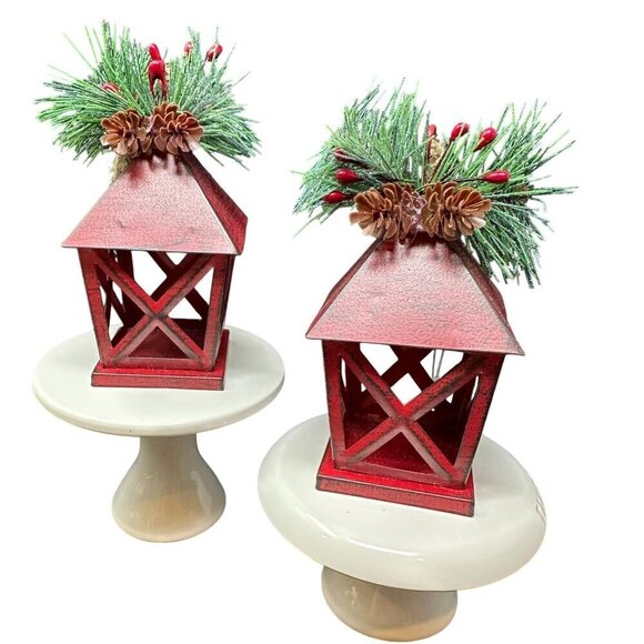 Christmas Lantern Ornament Set 5in Pinecone Berry Accents Holiday Rustic New Red - Picture 2 of 11